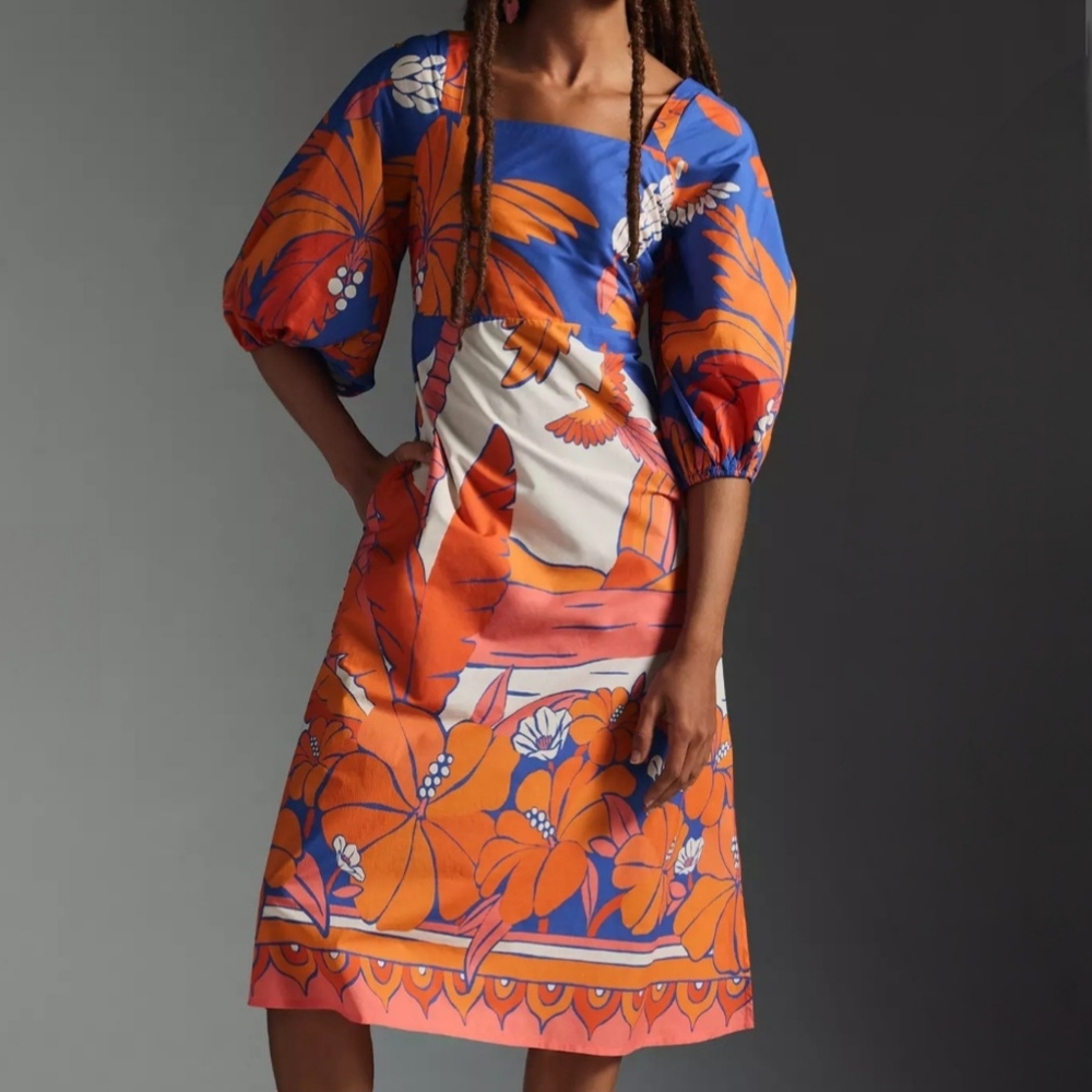 Anthropologie Farm Rio Womens Large Puff Sleeve Tropical Bird Print Midi Dress